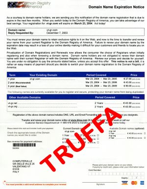 La lettera che arriva per chiedere soldi agli intestatari di un dominio .com/.net/.org